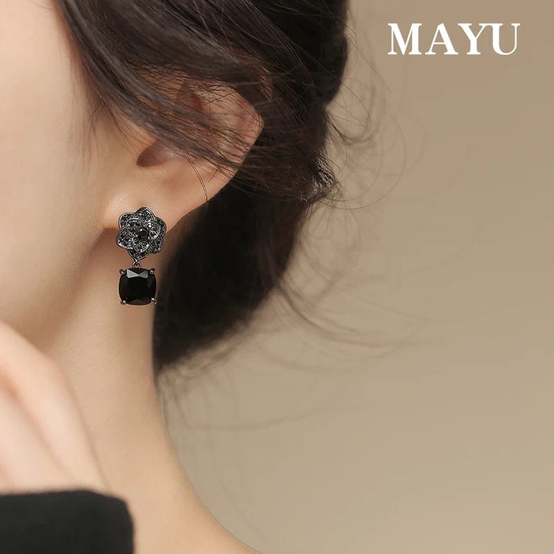 Peris Elegance Korean New Design Fashion Jewelry Premium Black Camellia Square Pendant Earrings Elegant Women&