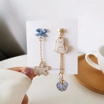 Peris Elegance New Trend Blue Flower Dangle Earrings For Women Cute Animal Cat Cherry Blossoms Asymmetrical Earring Party Kitten Jewelry Gifts Streetwear high fashion shein amazon temu target Walmart online