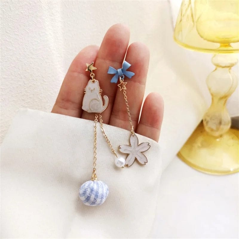 Peris Elegance New Trend Blue Flower Dangle Earrings For Women Cute Animal Cat Cherry Blossoms Asymmetrical Earring Party Kitten Jewelry Gifts Streetwear high fashion shein amazon temu target Walmart online