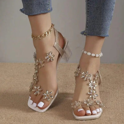 Peris Elegance Rhinestone Transparent Heel Sandals For Women Summer High Heels  6cm Square Heel Open Toe Sandals Woman Wedding Dress Shoes 42 Streetwear high fashion shein amazon temu target Walmart online