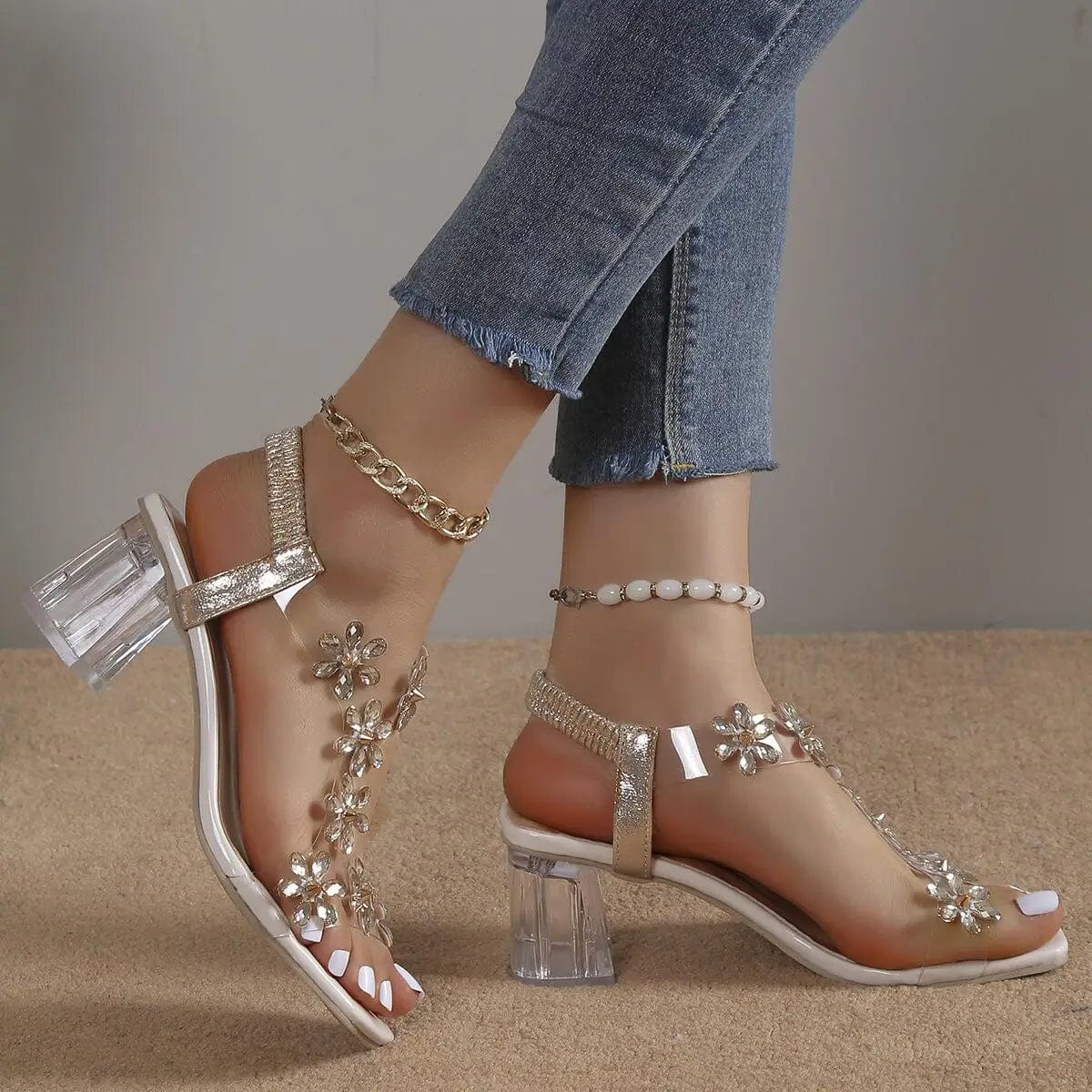 Peris Elegance Rhinestone Transparent Heel Sandals For Women Summer High Heels  6cm Square Heel Open Toe Sandals Woman Wedding Dress Shoes 42 Streetwear high fashion shein amazon temu target Walmart online