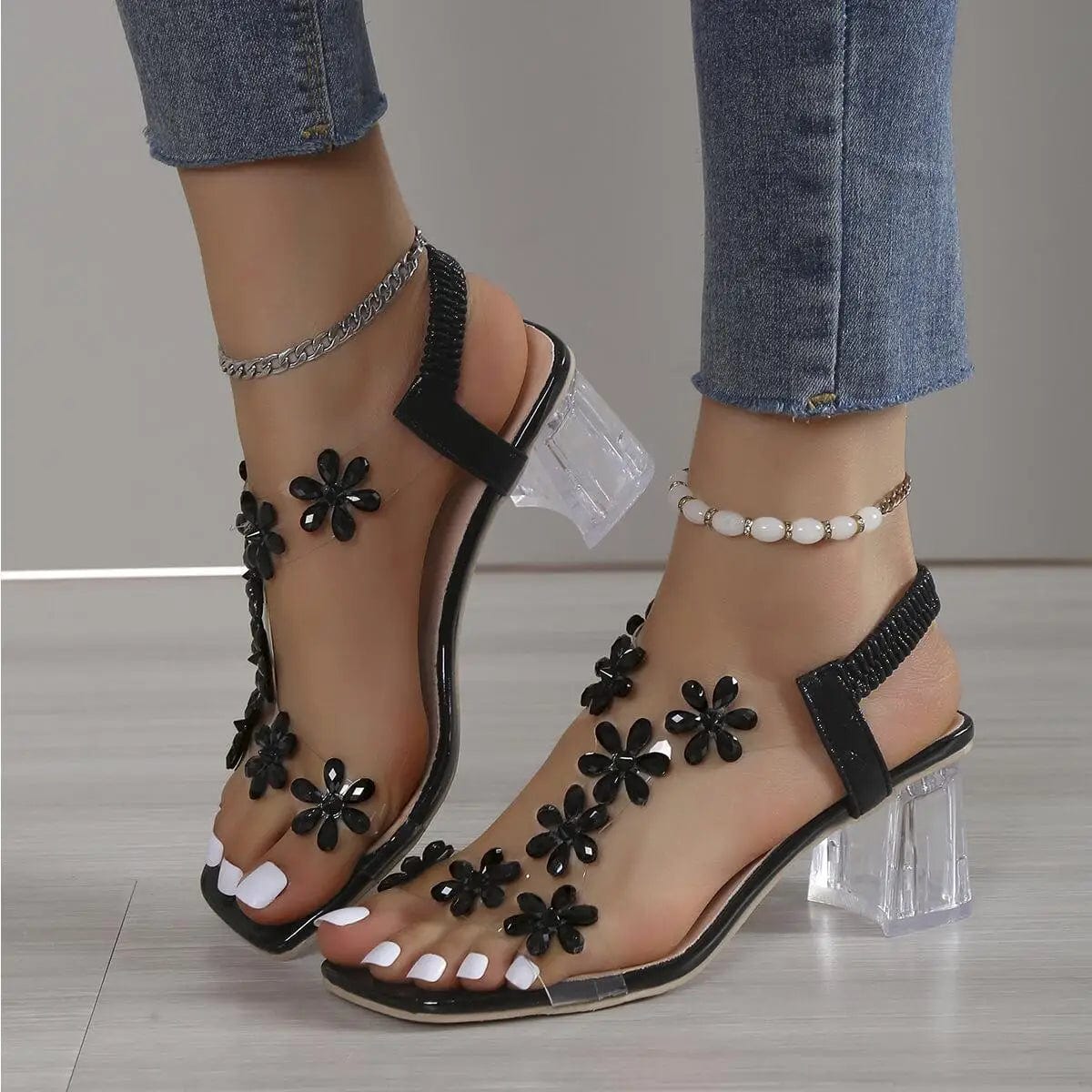 Peris Elegance Rhinestone Transparent Heel Sandals For Women Summer High Heels  6cm Square Heel Open Toe Sandals Woman Wedding Dress Shoes 42 Streetwear high fashion shein amazon temu target Walmart online