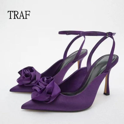 Peris Elegance TRAF Purple High Heeled Women Pumps Summer 2024 Elegant Floral Ankle lace-up Heeled Women Shoes Slingback Party Prom Shoes Lady Streetwear high fashion shein amazon temu target Walmart online