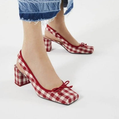 Peris Elegance Women Chunky Heeled Sandals Retro Square Toe Mary Janes Pumps Shoes Slingbacks Spring Summer High Heels Baotou Plaid Shoes Streetwear high fashion shein amazon temu target Walmart online