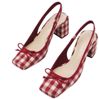 Peris Elegance Women Chunky Heeled Sandals Retro Square Toe Mary Janes Pumps Shoes Slingbacks Spring Summer High Heels Baotou Plaid Shoes Streetwear high fashion shein amazon temu target Walmart online